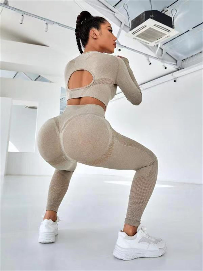 2 stuks sportpakken met lange mouwen holle ontwerp tops en buttlifting hoge taille naadloze fitness leggings sport gym sportkleding outfits kleding